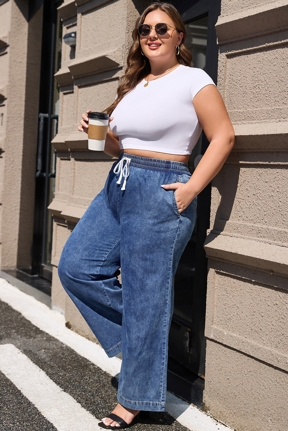 Dusk Blue Plus Size Drawstring High Waist Straight Leg Jeans - Bagged Store