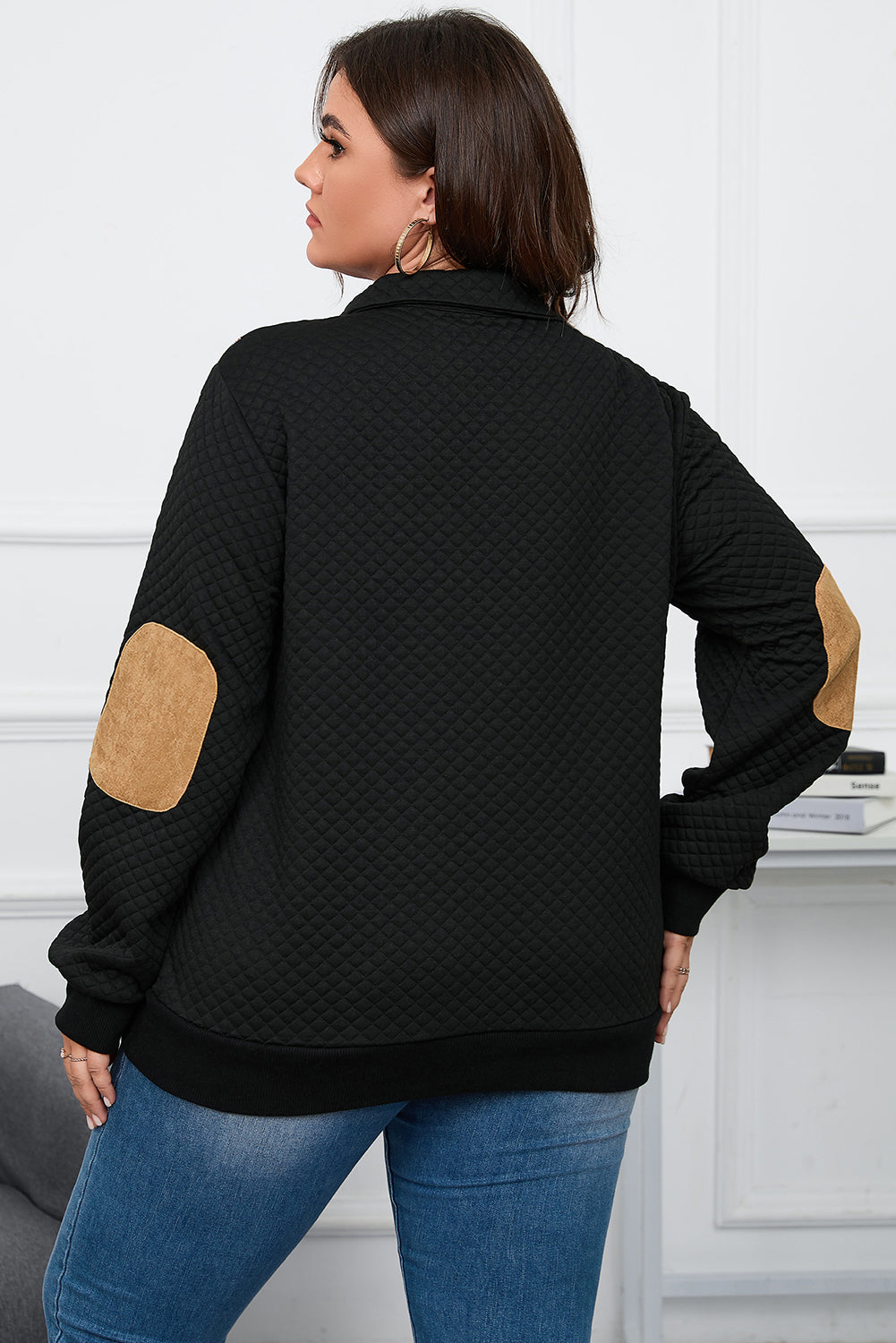 Black Plus Size Quilted Plaid Patch Henley Sweatshirt - Bagged Store