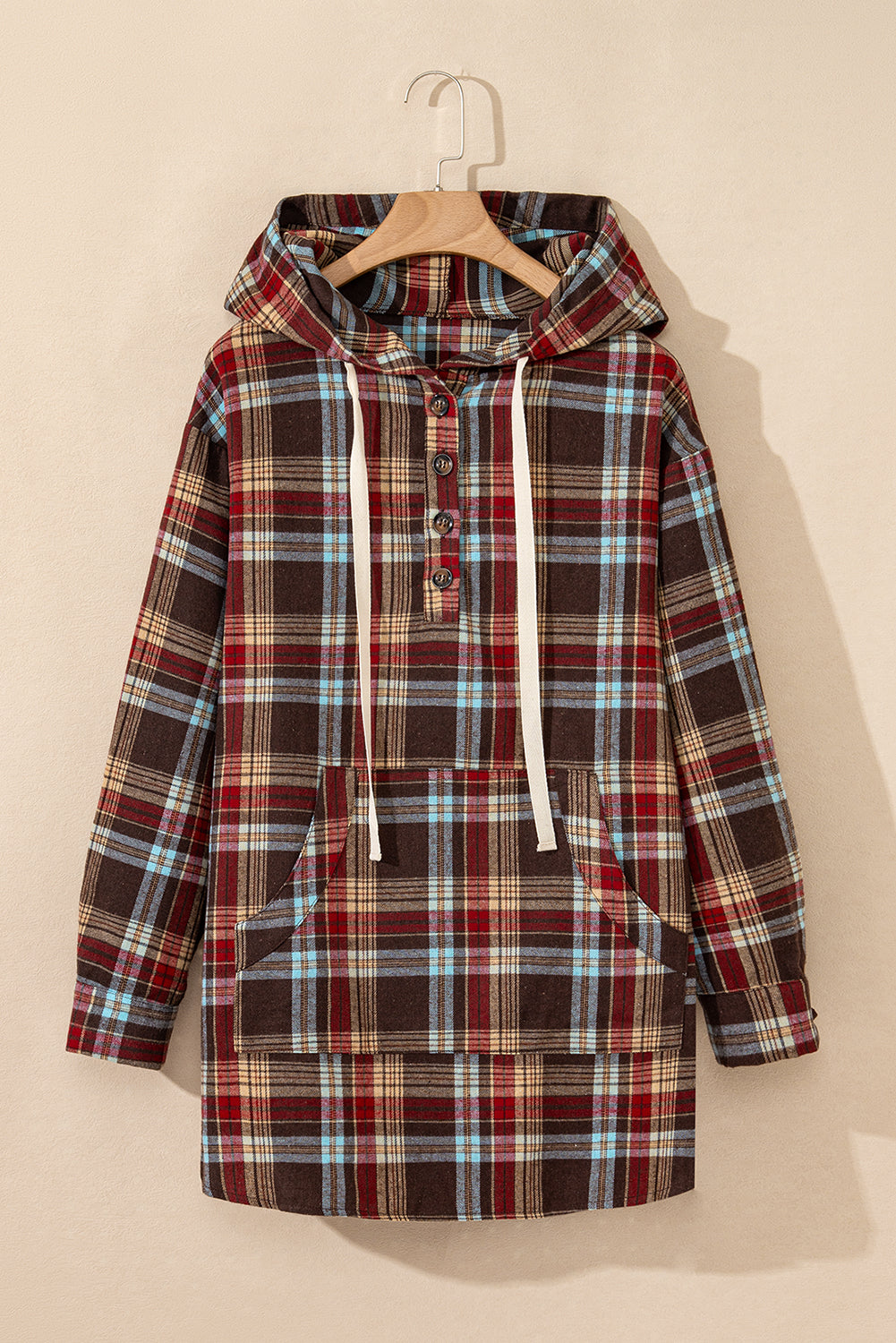 Fiery Red Plus Size Plaid Kangaroo Pocket Drawstring Hoodie - Bagged Store