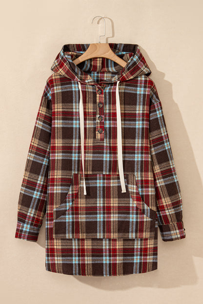 Fiery Red Plus Size Plaid Kangaroo Pocket Drawstring Hoodie - Bagged Store