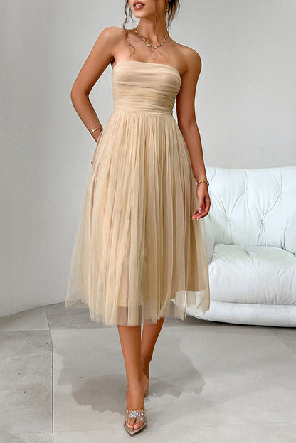 Apricot Starry Strapless Mesh Tulle High Waist Evening Dress - Bagged Store