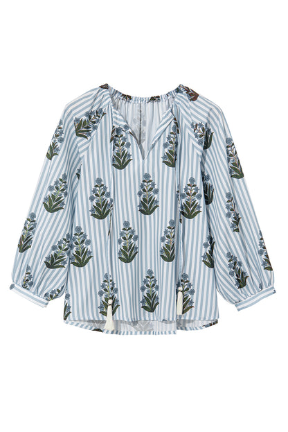 Beau Blue Striped Floral Printed Long Sleeve Tied V Neck Blouse - Bagged Store