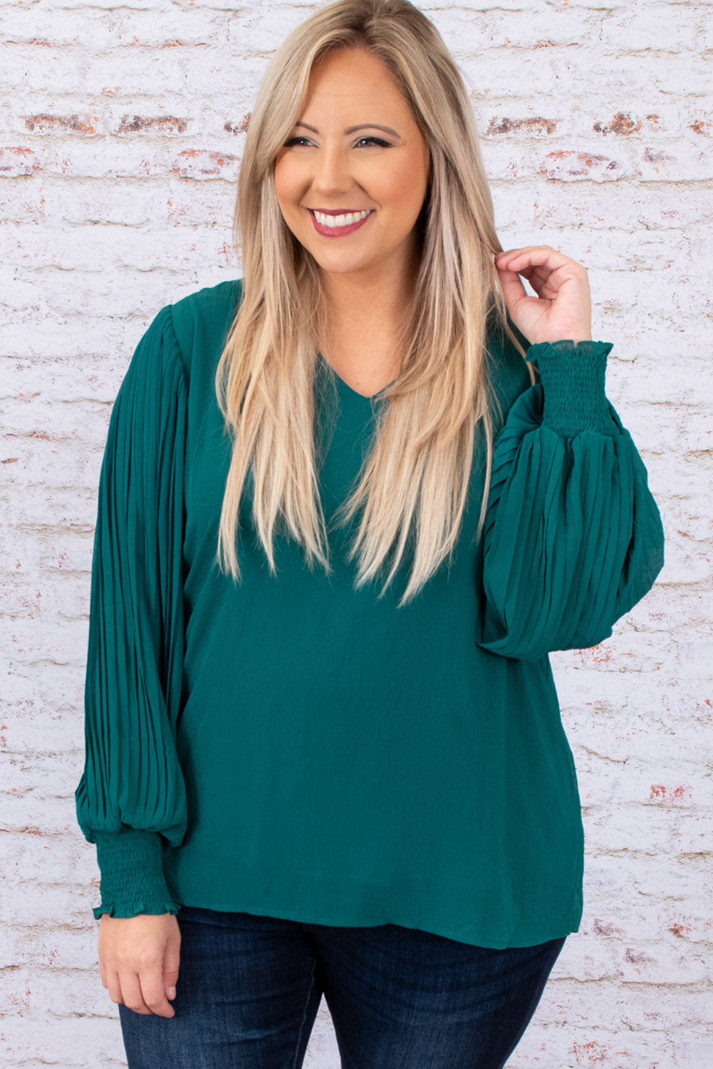 Green Pleated Bubble Sleeve Plus Size Blouse - Bagged Store