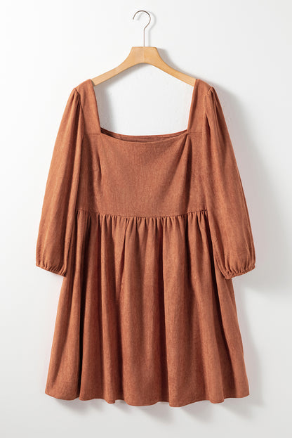 Chestnut Plus Size Suede Square Neck Balloon Sleeve Dress - Bagged Store