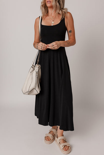 Black Sleeveless Scoop Neck Flared Split Midi Dress - Bagged Store