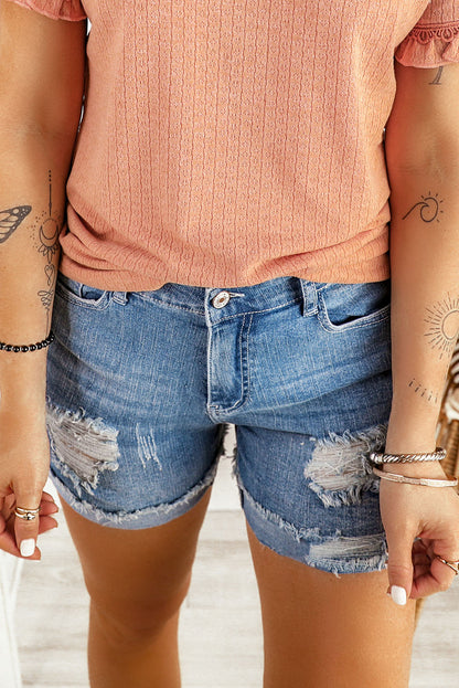 Distressed Ripped Rolled Hem Sky Blue Denim Shorts - Bagged Store