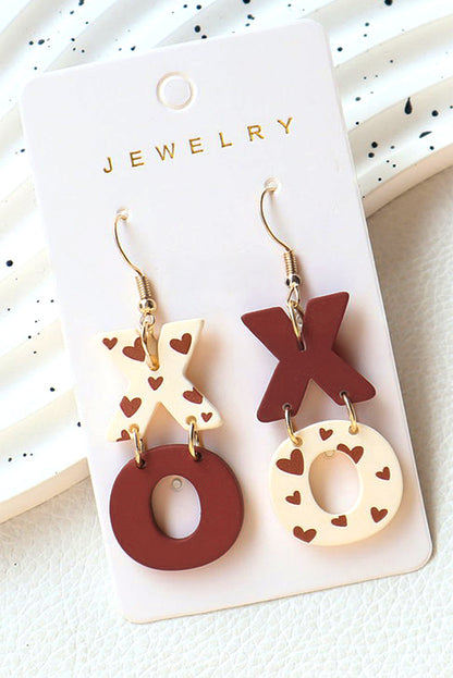 Racing Red Heart Print XOXO Letter Dangle Hook Earrings - Bagged Store