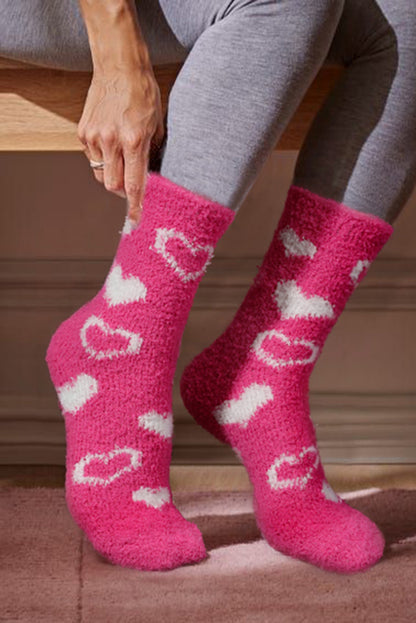 Strawberry Pink Heart Shape Print Coral Fleece Thick Crew Socks - Bagged Store