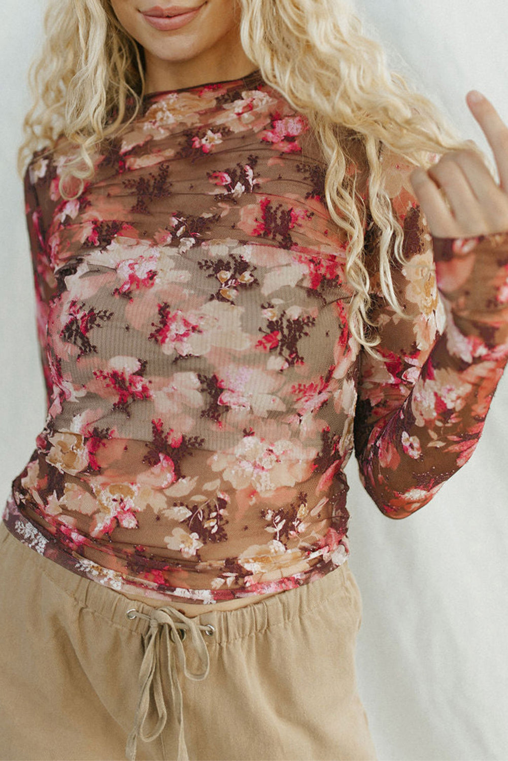 Red Floral Print Sheer Mesh Long Sleeve Top - Bagged Store