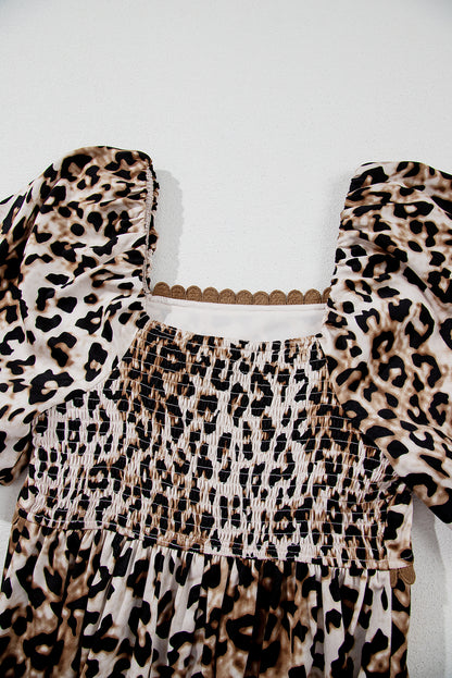 Brown Leopard Print Bubble Sleeve Square Neck Maxi Dress - Bagged Store