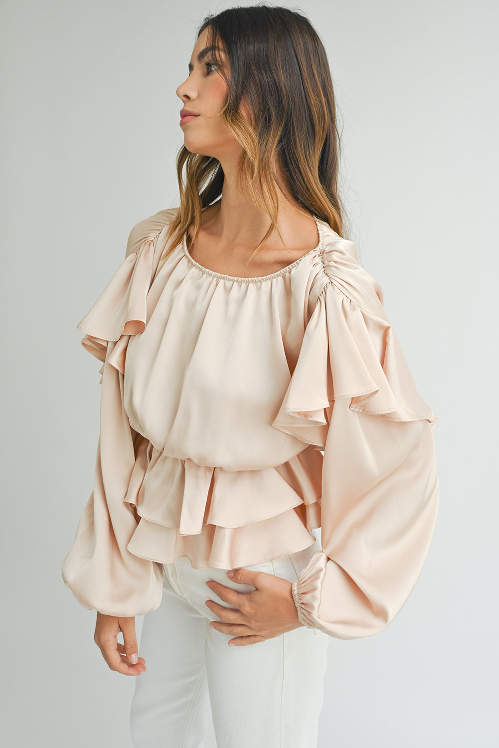 Oatmeal Lace-up Keyhole Back Ruffled Peplum Blouse - Bagged Store