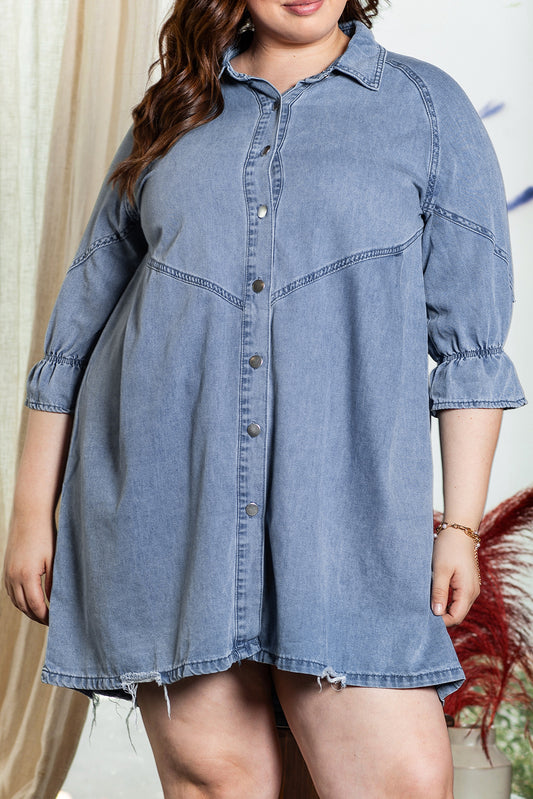 Light Blue Ruffled 3/4 Sleeve Buttoned Front Plus Size Denim Dress - Bagged Store