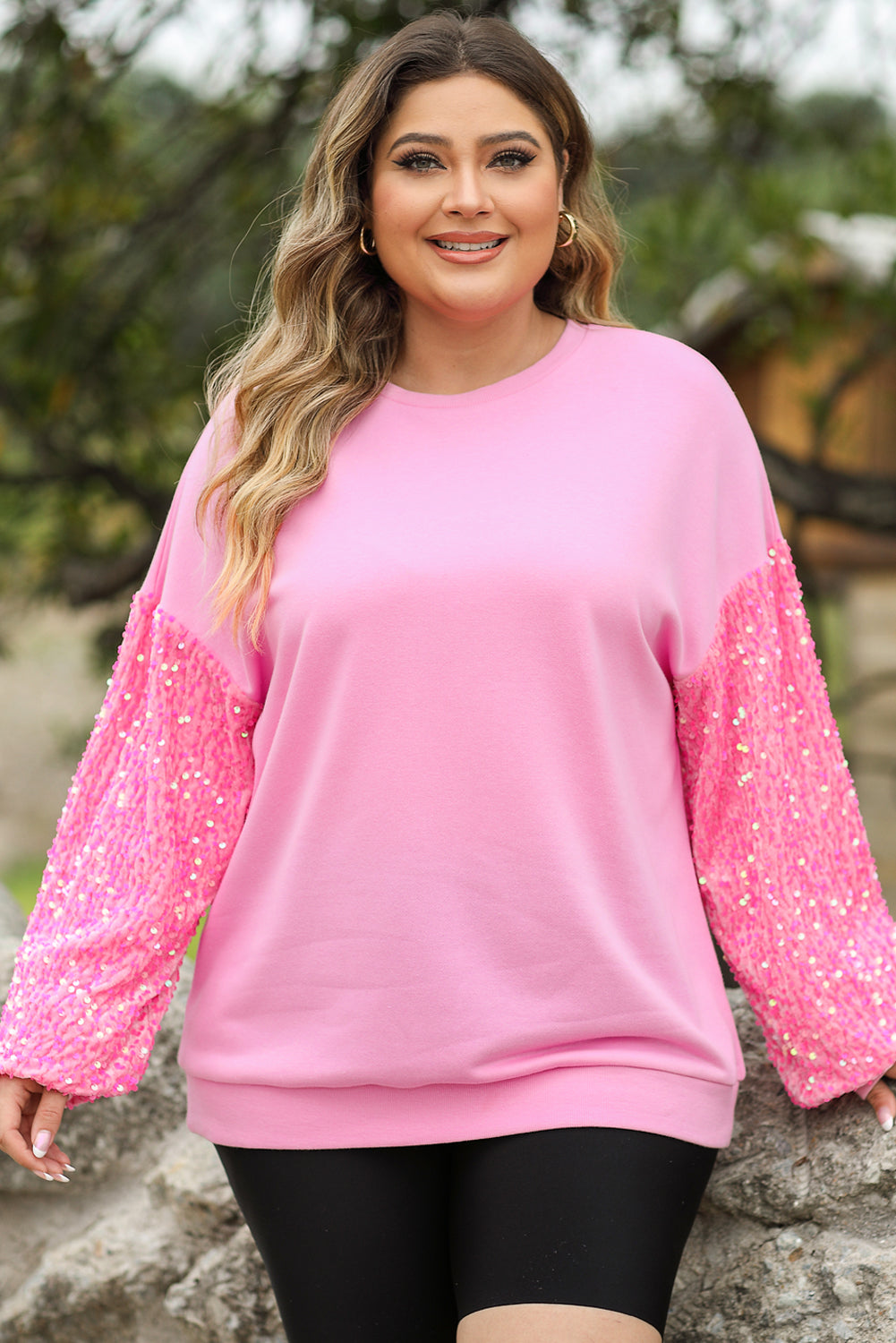 Pink Plus Size Sequin Sleeve Drop Shoulder Sweatshirt - Bagged Store