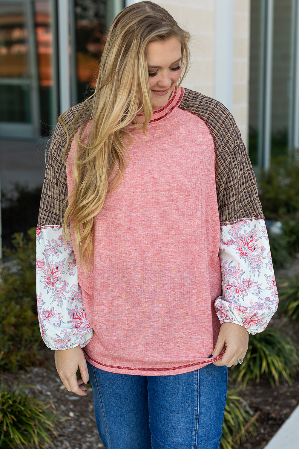 Pink Checkered Paisley Patchwork Raglan Sleeve Seamed Plus Size Top - Bagged Store