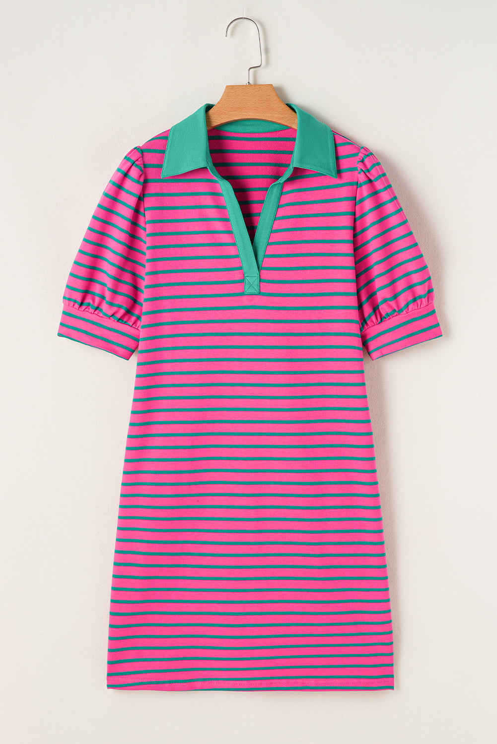 Pink Stripe Collared V Neck Puff Sleeve T Shirt Dress - Bagged Store