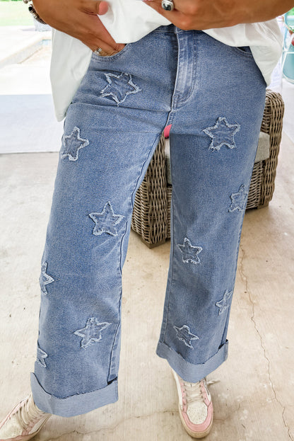 Dusk Blue Foiled Star Patchwork Straight Leg Loose Jeans - Bagged Store