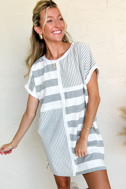 Gray Stripe Mixed Printed Short Sleeve Shift Mini T Shirt Dress - Bagged Store