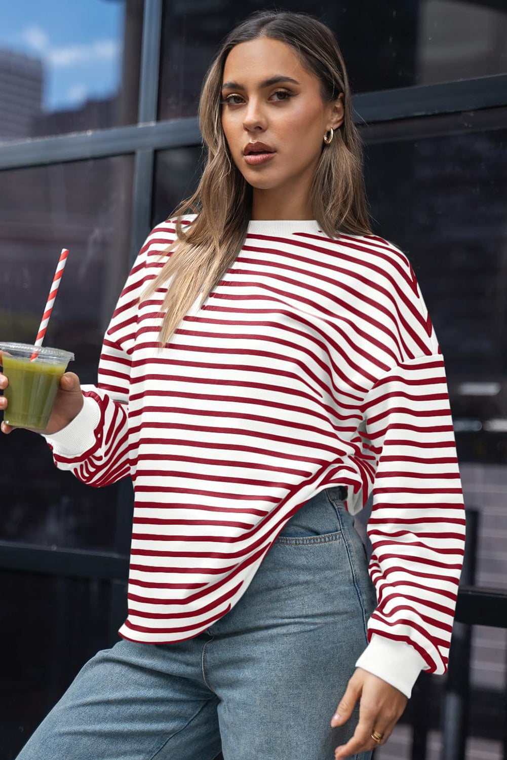 Coffee Striped Long Sleeve Round Neck Loose Top - Bagged Store