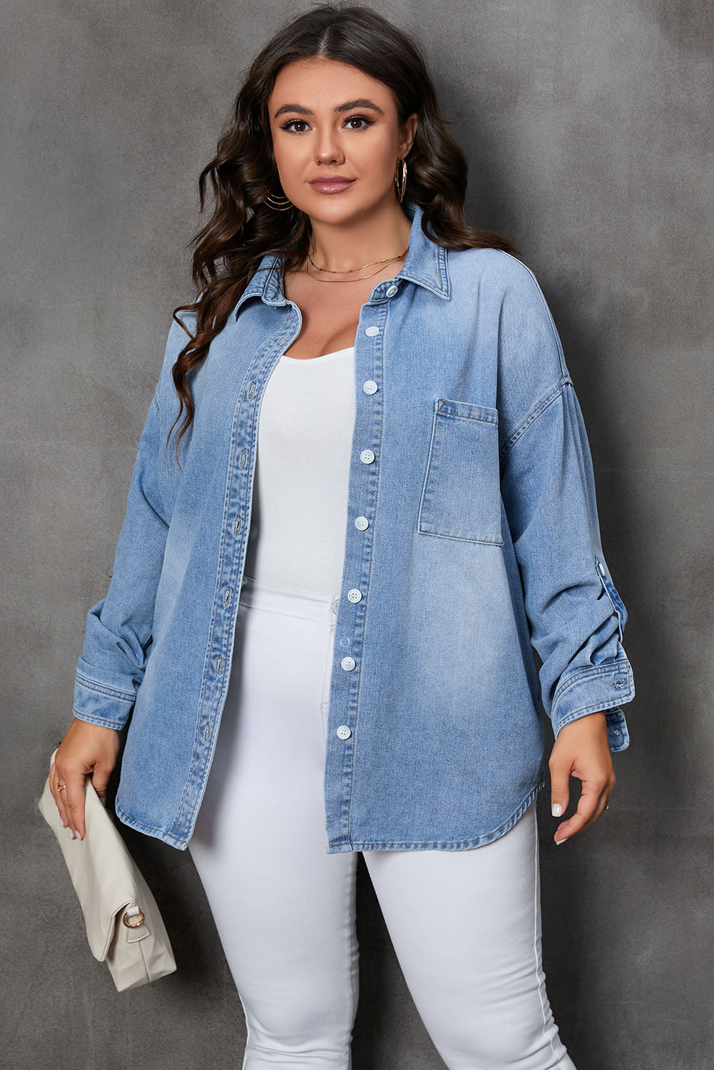 Sky Blue Plus Size Chest Pocket Button-Up Denim Shacket - Bagged Store