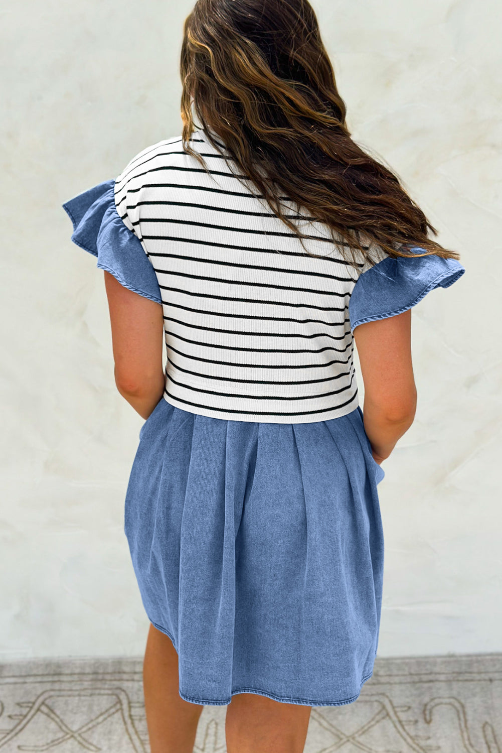 Black Stripe Ruffle Denim Patchwork Round Neck Mini Dress - Bagged Store