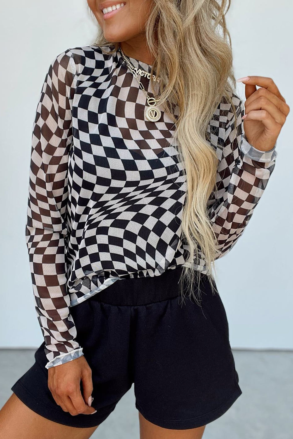 Khaki Checkered Pattern Mesh Mock Neck Long Sleeve Top - Bagged Store