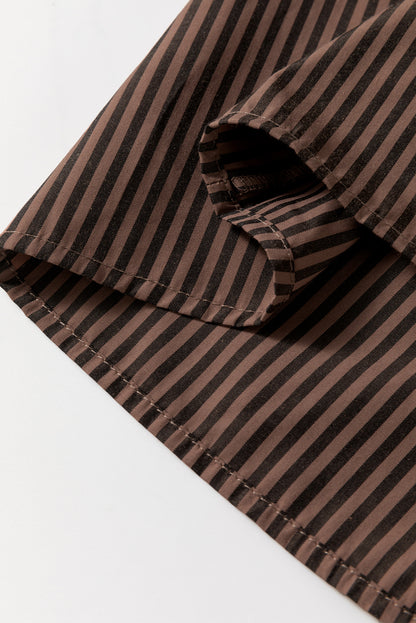 Brown Stripe V Neck Roll Up Sleeve Pocket Patched Classic Shirt - Bagged Store