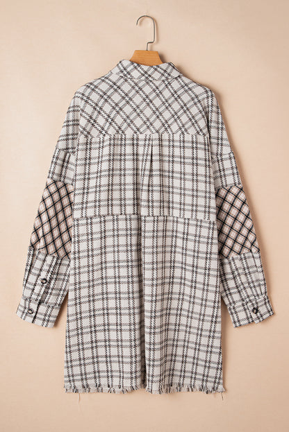 White Stripe Plus Size Plaid Buttoned Raw Hem Tunic Shirt Dress - Bagged Store