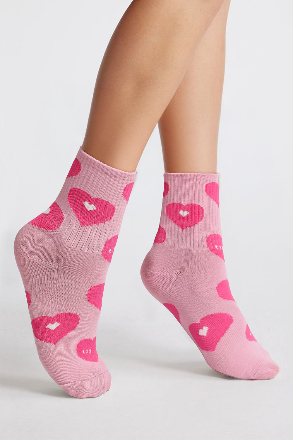 Light Pink Heart Print Ribbed Trim Soft Crew Socks - Bagged Store