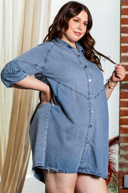 Light Blue Ruffled 3/4 Sleeve Buttoned Front Plus Size Denim Dress - Bagged Store