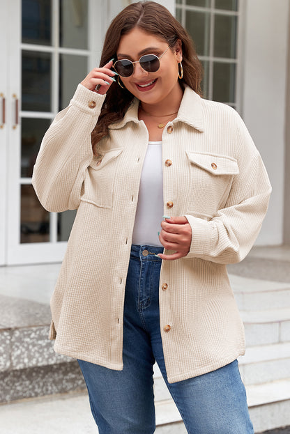 Oatmeal Textured Flap Pockets Buttoned Plus Size Shacket - Bagged Store