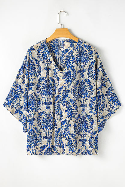 Blue Plus Size Ethnic Printed 3/4 Sleeve V Neck Loose Blouse - Bagged Store