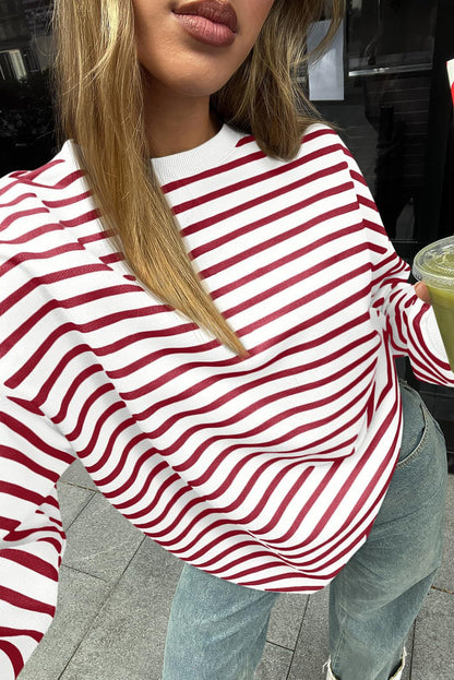 Coffee Striped Long Sleeve Round Neck Loose Top - Bagged Store