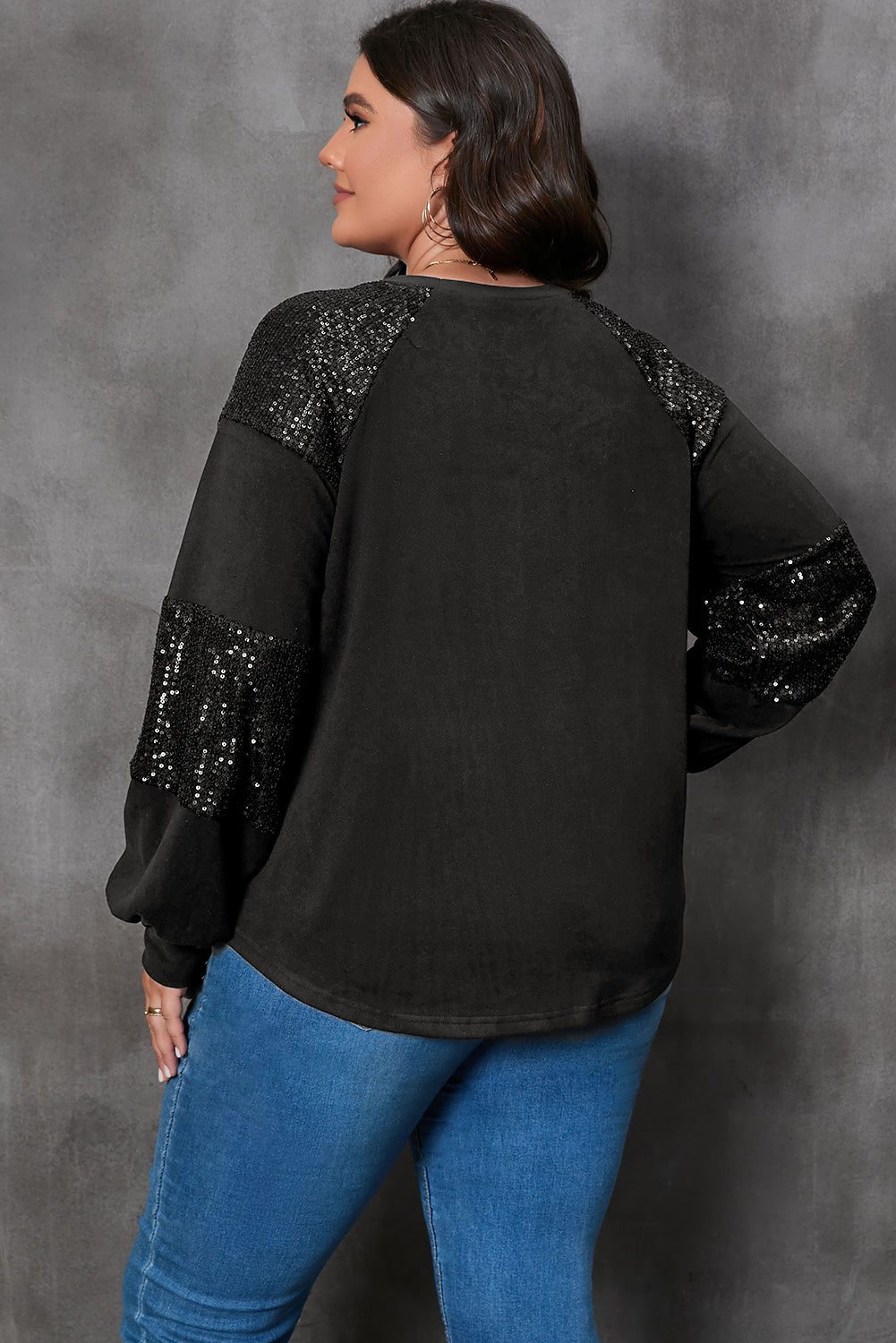 Black Plus Size Sequin Patchwork Crew Neck Long Sleeve Top - Bagged Store