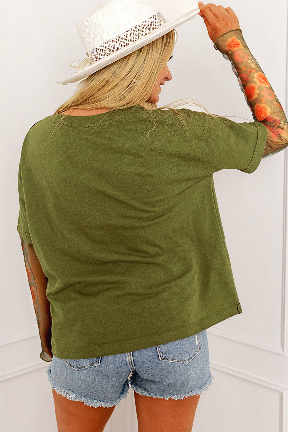 Fern Green Faux Two Piece Floral Long Sleeve Patchwork Tee - Bagged Store