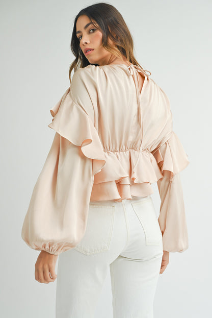 Oatmeal Lace-up Keyhole Back Ruffled Peplum Blouse - Bagged Store