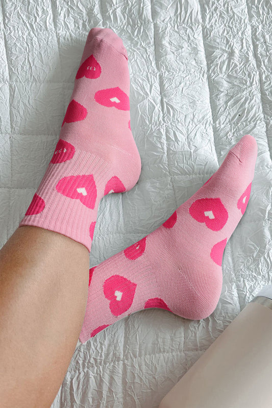 Light Pink Heart Print Ribbed Trim Soft Crew Socks - Bagged Store