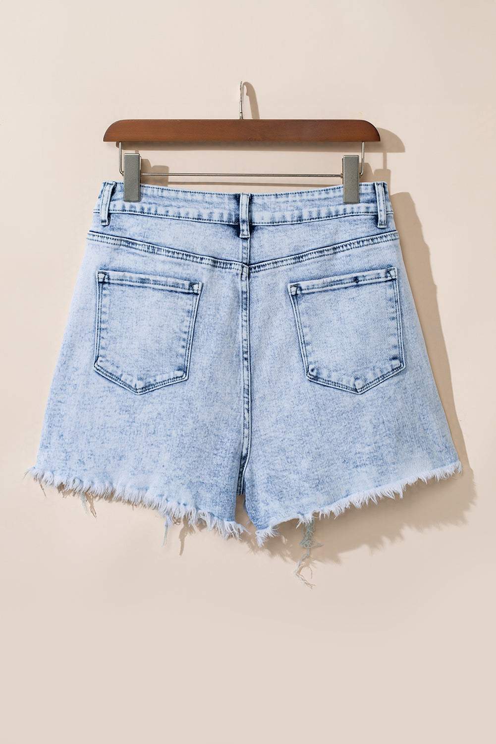 Light Blue Acid Wash Crossed Raw Edge Denim Shorts - Bagged Store