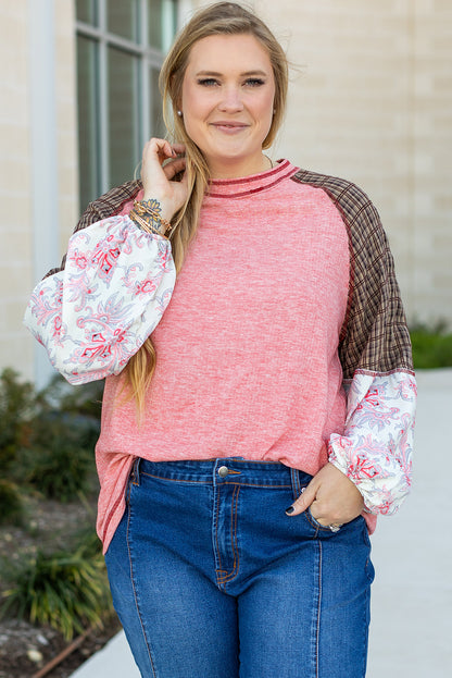 Pink Checkered Paisley Patchwork Raglan Sleeve Seamed Plus Size Top - Bagged Store