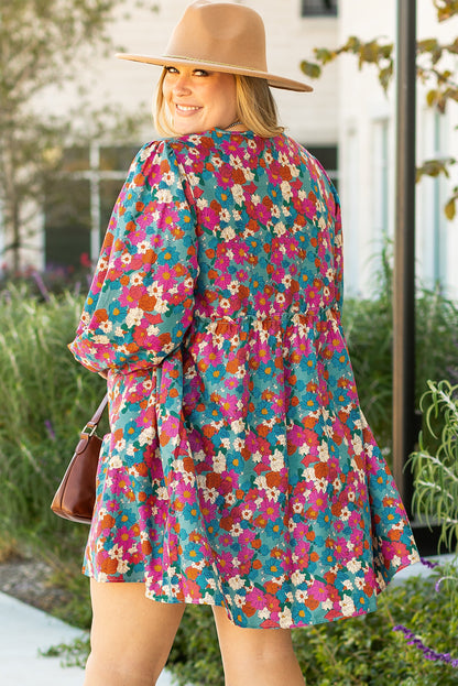 Sky Blue Plus Size Floral Print Shirred Ruffle Tiered Mini Dress - Bagged Store