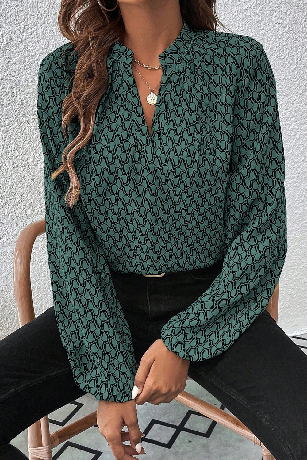 Green Geometric Print Notched Neck Puff Sleeve Blouse - Bagged Store