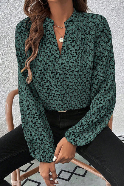 Green Geometric Print Notched Neck Puff Sleeve Blouse - Bagged Store