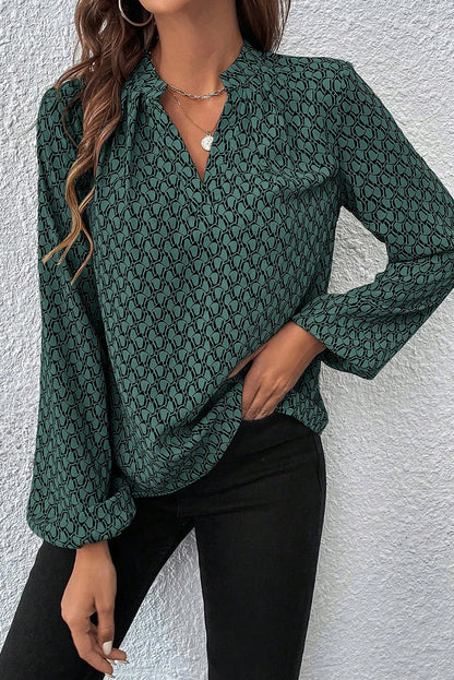 Green Geometric Print Notched Neck Puff Sleeve Blouse - Bagged Store