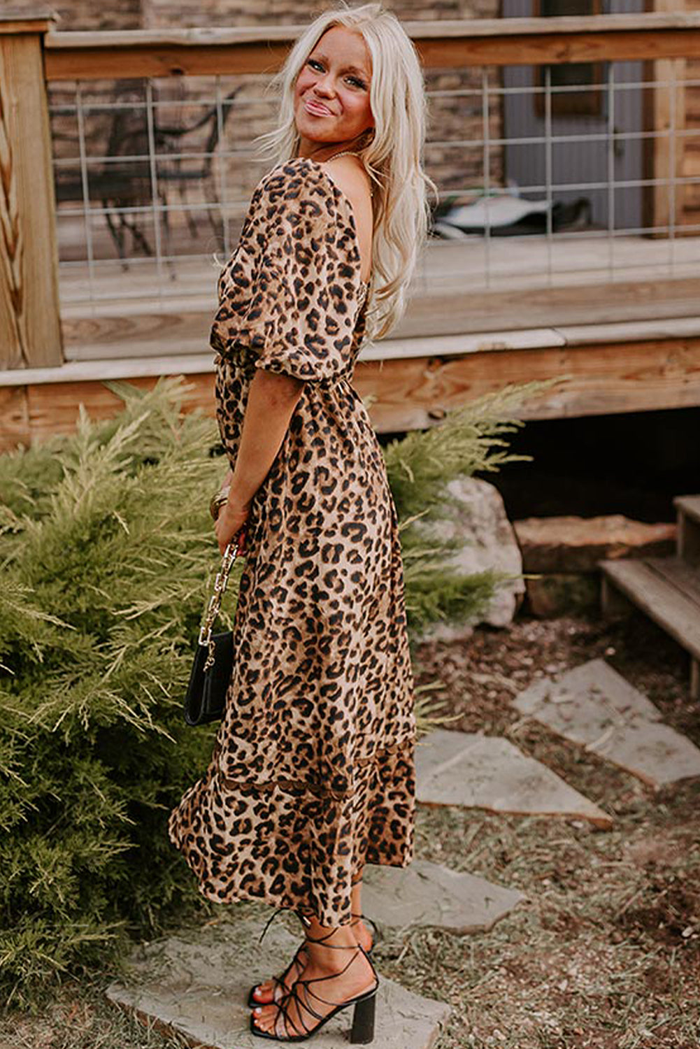 Brown Leopard Print Bubble Sleeve Square Neck Maxi Dress - Bagged Store