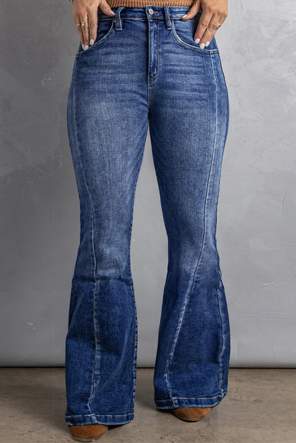 Dark Blue Plus Size Stitching Washed Flare Jeans - Bagged Store