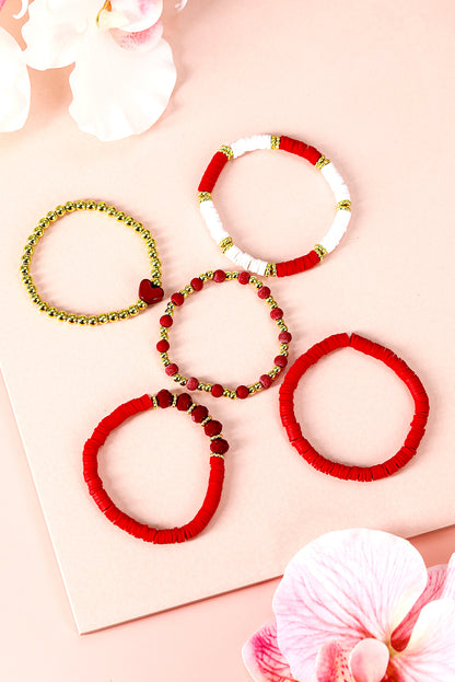 Fiery Red Heart Beaded Multi Layered Elastic Bracelet Set - Bagged Store