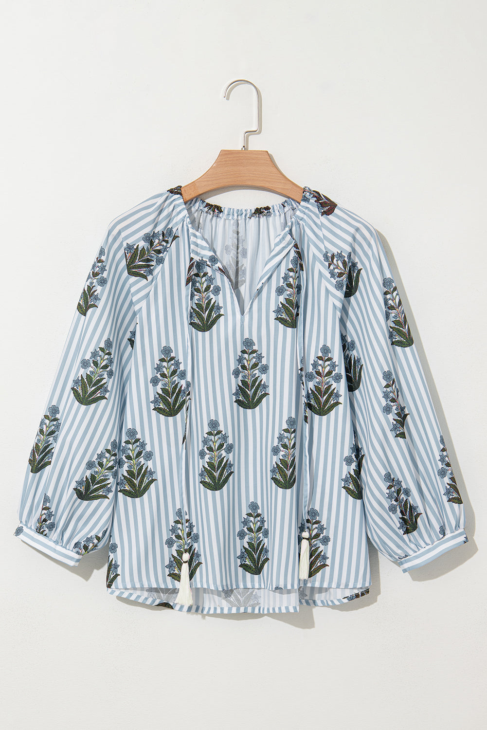 Beau Blue Striped Floral Printed Long Sleeve Tied V Neck Blouse - Bagged Store