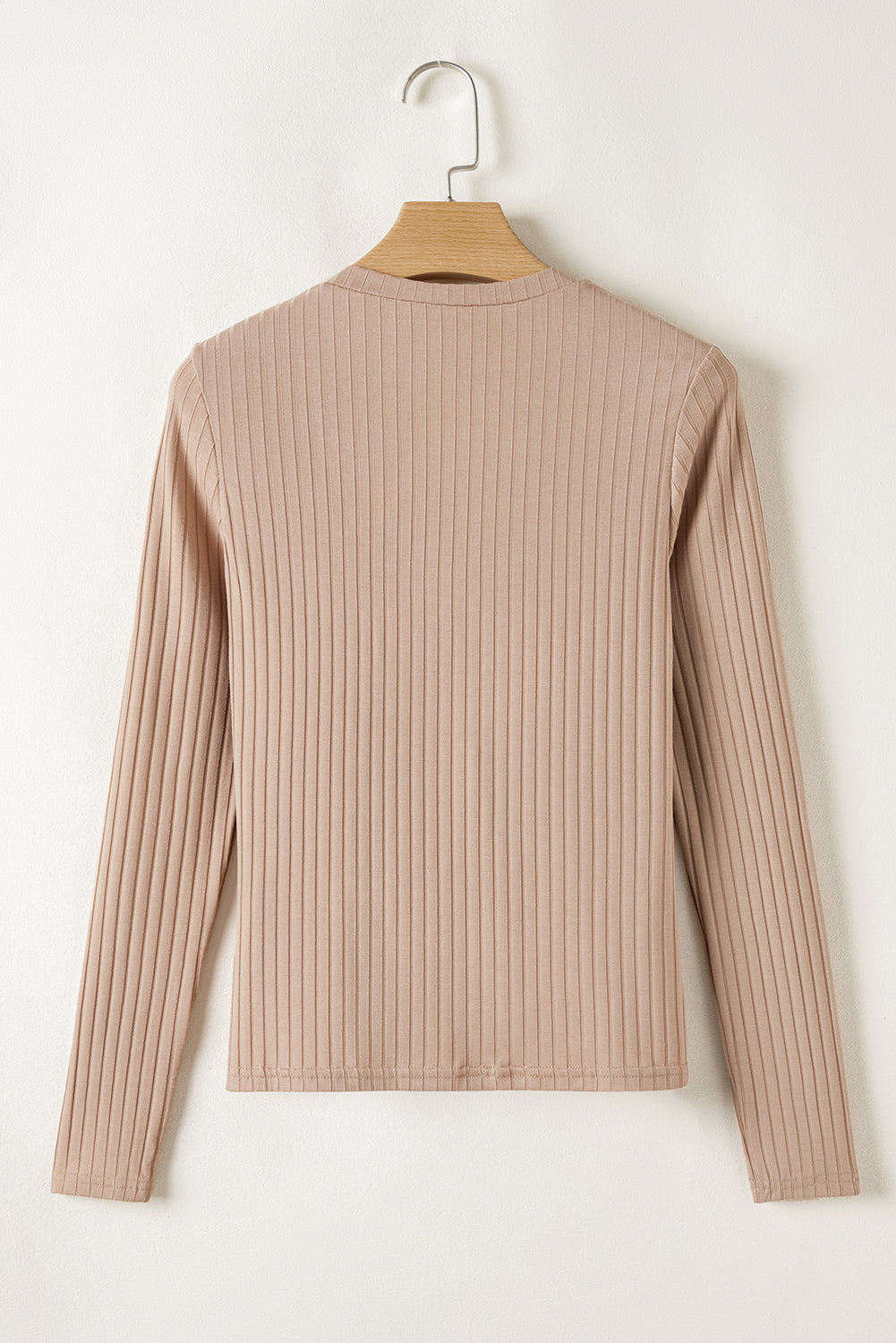 Strawberry Pink Ribbed Knit V Neck Long Sleeve Slim Fit Top - Bagged Store