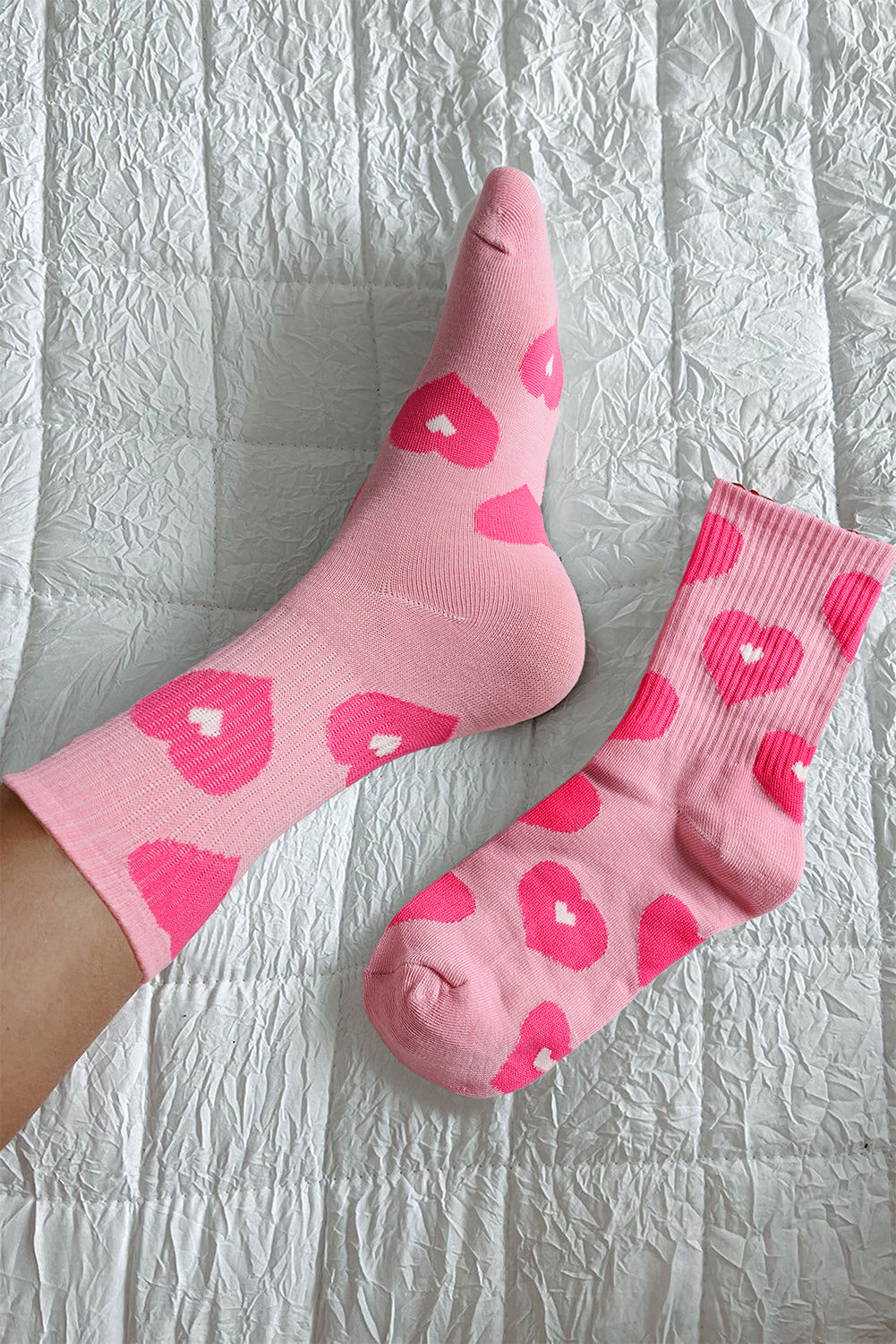 Light Pink Heart Print Ribbed Trim Soft Crew Socks - Bagged Store