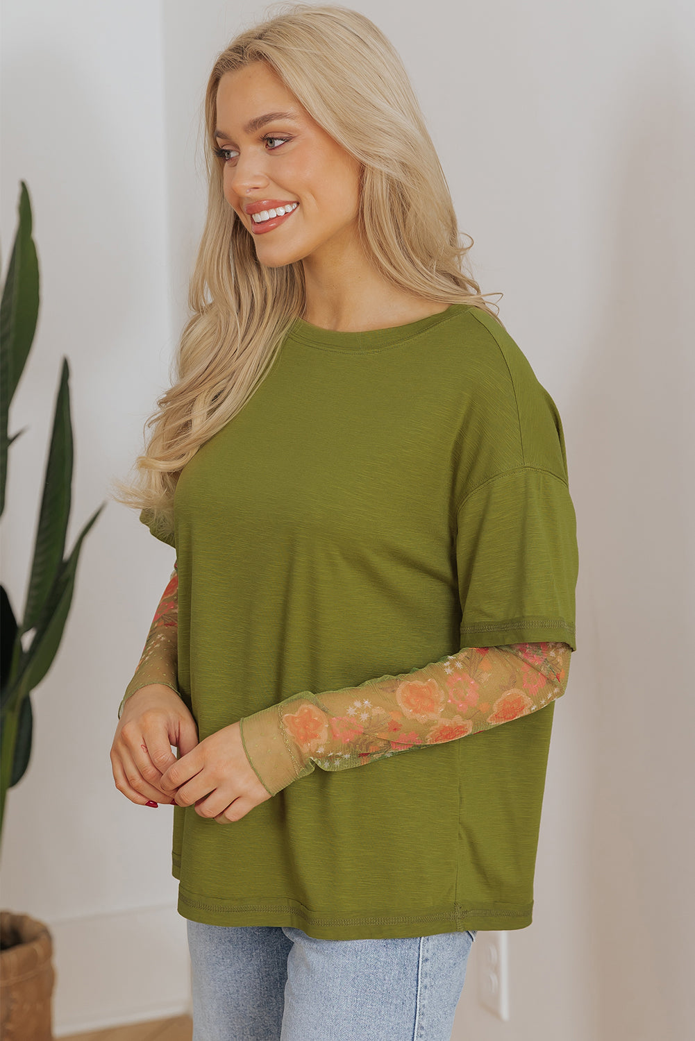 Fern Green Faux Two Piece Floral Long Sleeve Patchwork Tee - Bagged Store