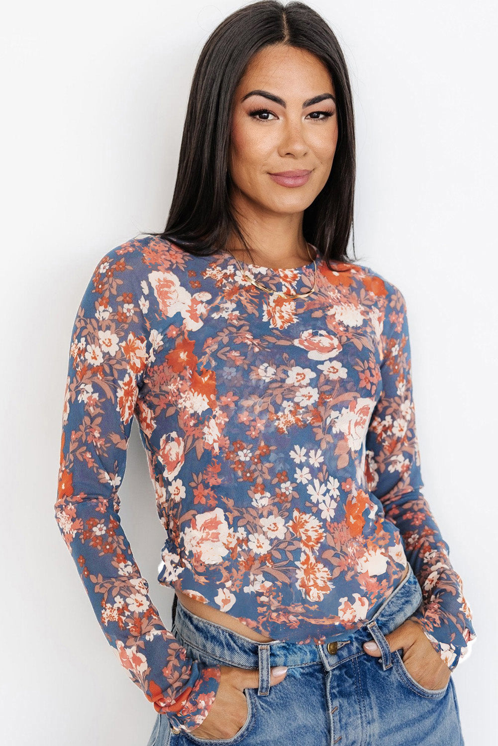 Black Floral Print Mesh Fitted Long Sleeve Top - Bagged Store